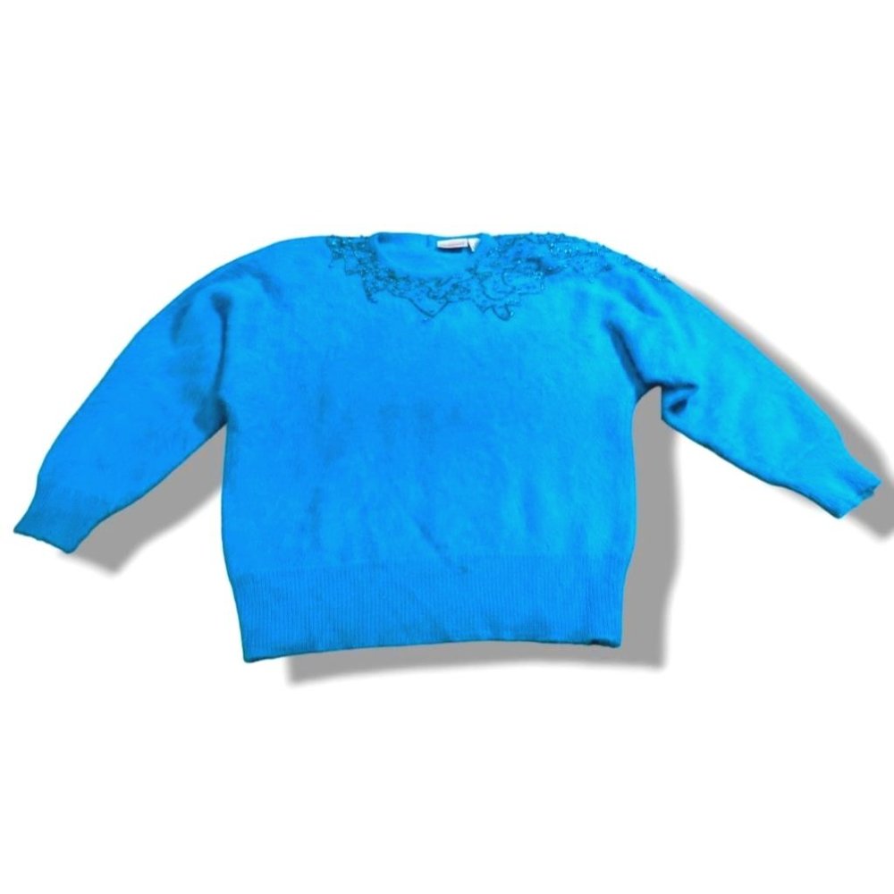 Vtg Nordstrom Town Square Teal Angora Rabbit Lambswool Beaded Sweater Size L 80s